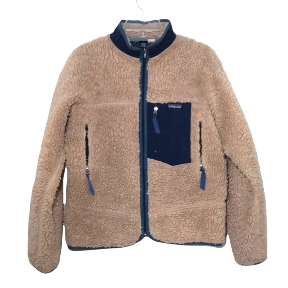 PATAGONIA Deep Pile Fleece Full Zip Jacket Vintage Retro Cream Blue